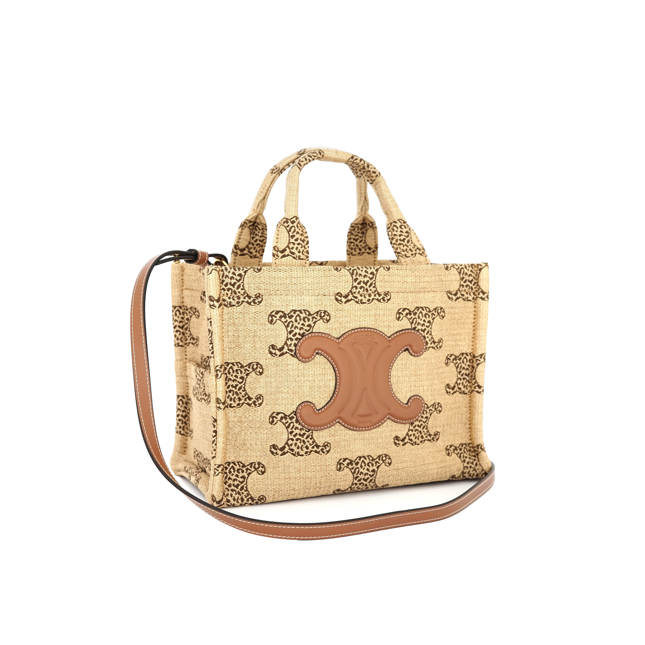 Small Cabas Raffia Effect Leopard Calf Tan