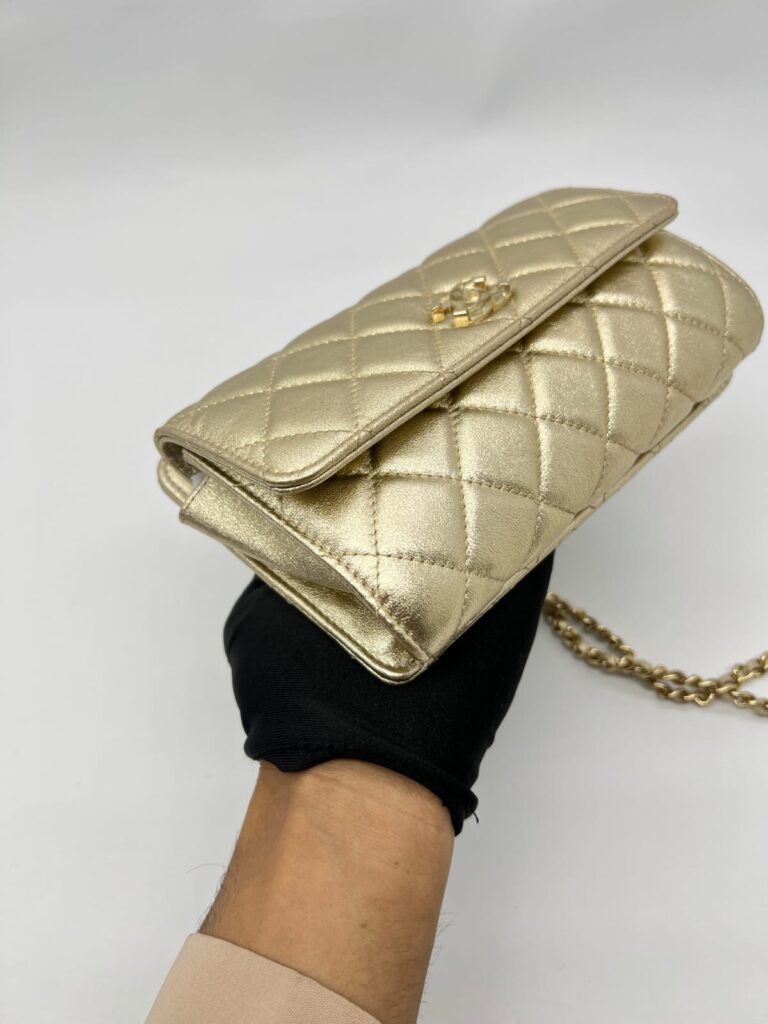 Clutch With Chain Metallic Calfskin Gold Metal GHW