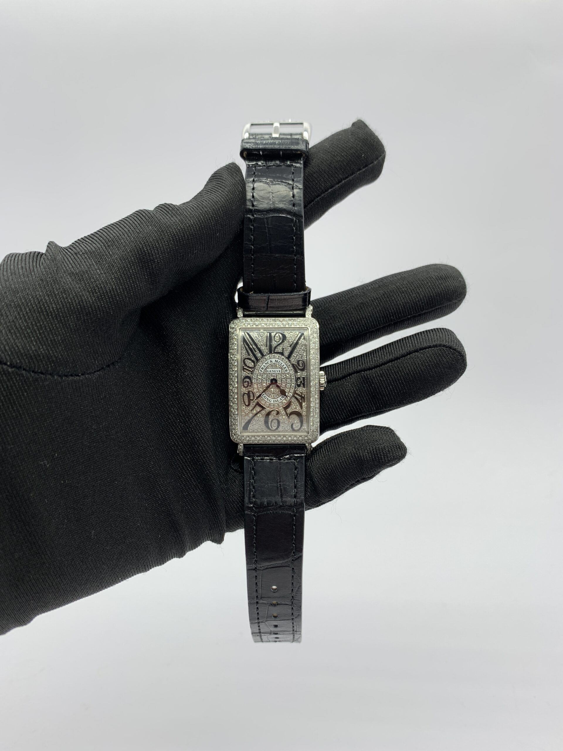 Long Island 952 Qz Silver Diamond Bezel Black Croco Strap