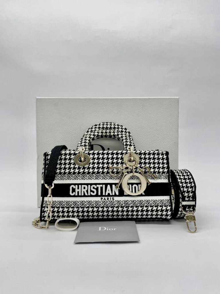 Lady D-Joy Medium Canvas Houndstooth Black White GHW