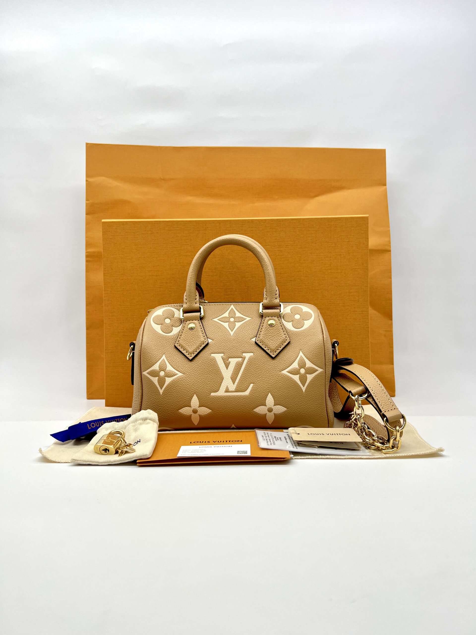 Speedy Bandou 20 Giant Monogram Empreinte Caramel