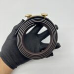 Reversible H Striee Gold Buckle Noir Chocolat