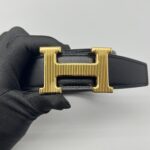 Reversible H Striee Gold Buckle Noir Chocolat