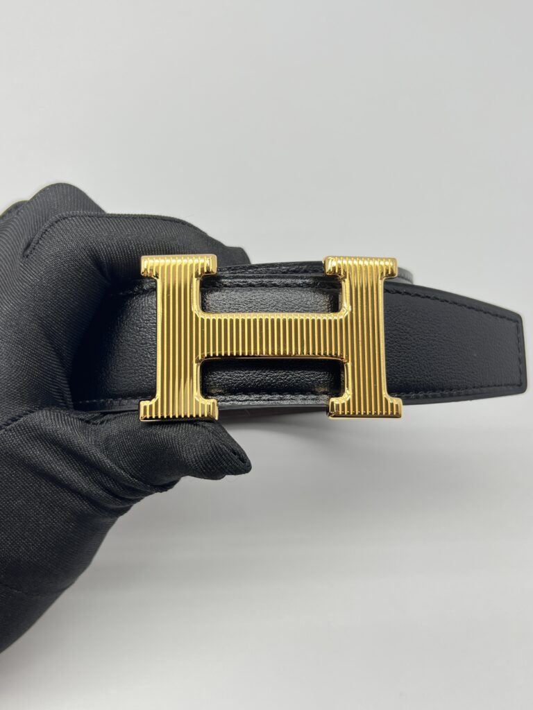 Reversible H Striee Gold Buckle Noir Chocolat