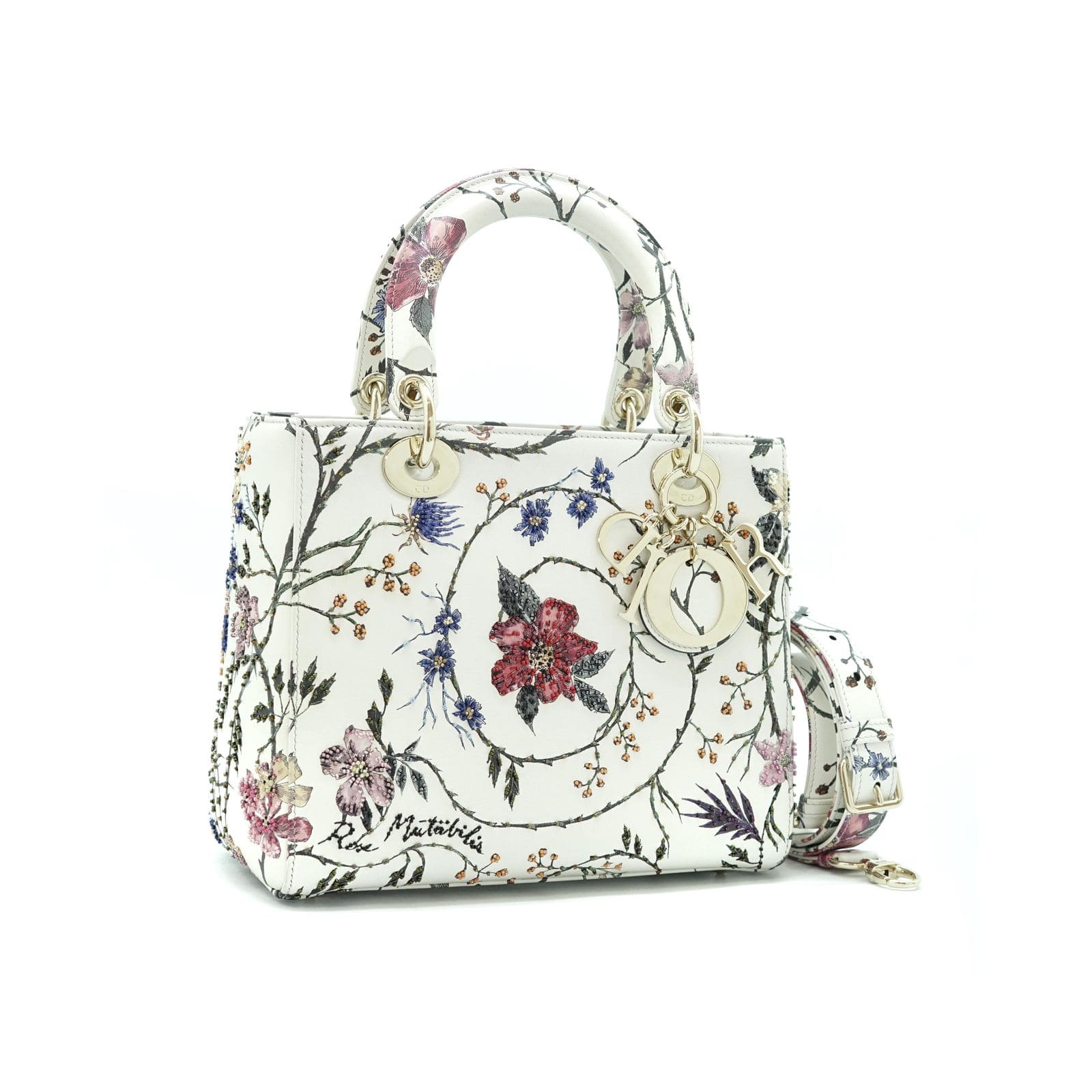 Lady Dior Medium Rosa Mutabilis Embroidered White Multicolor LGHW