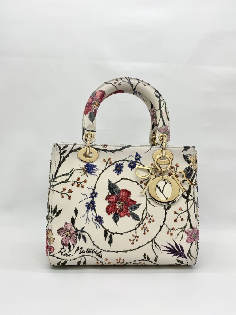 Lady Dior Medium Rosa Mutabilis Embroidered White Multicolor LGHW