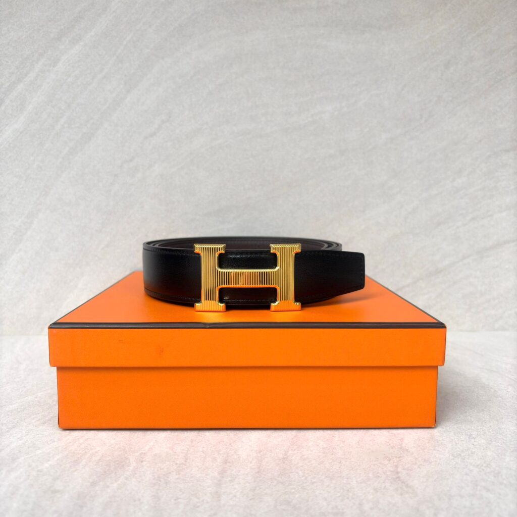 Reversible H Striee Gold Buckle Noir Chocolat