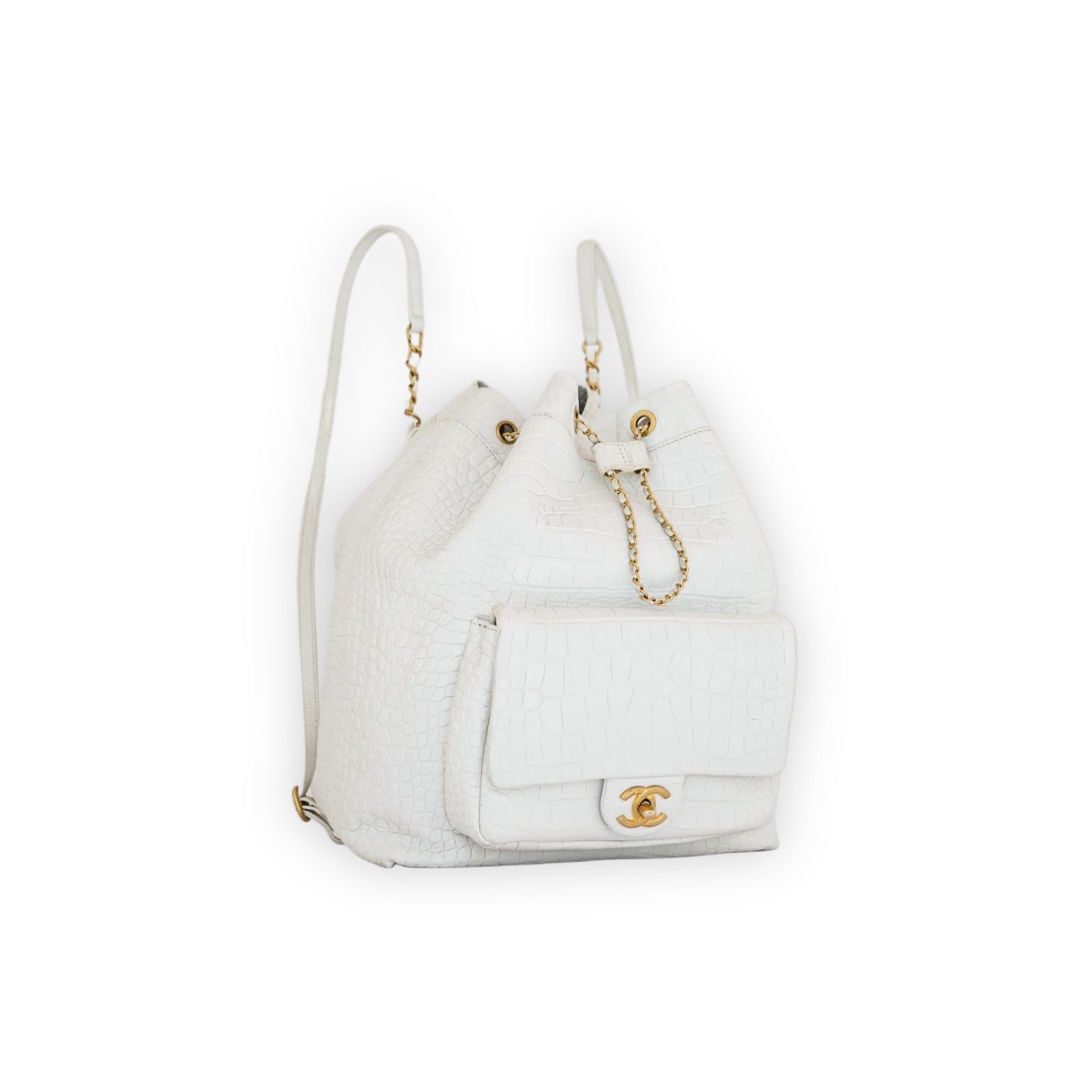 Drawstring Backpack Croco Embossed White Gold Hardware