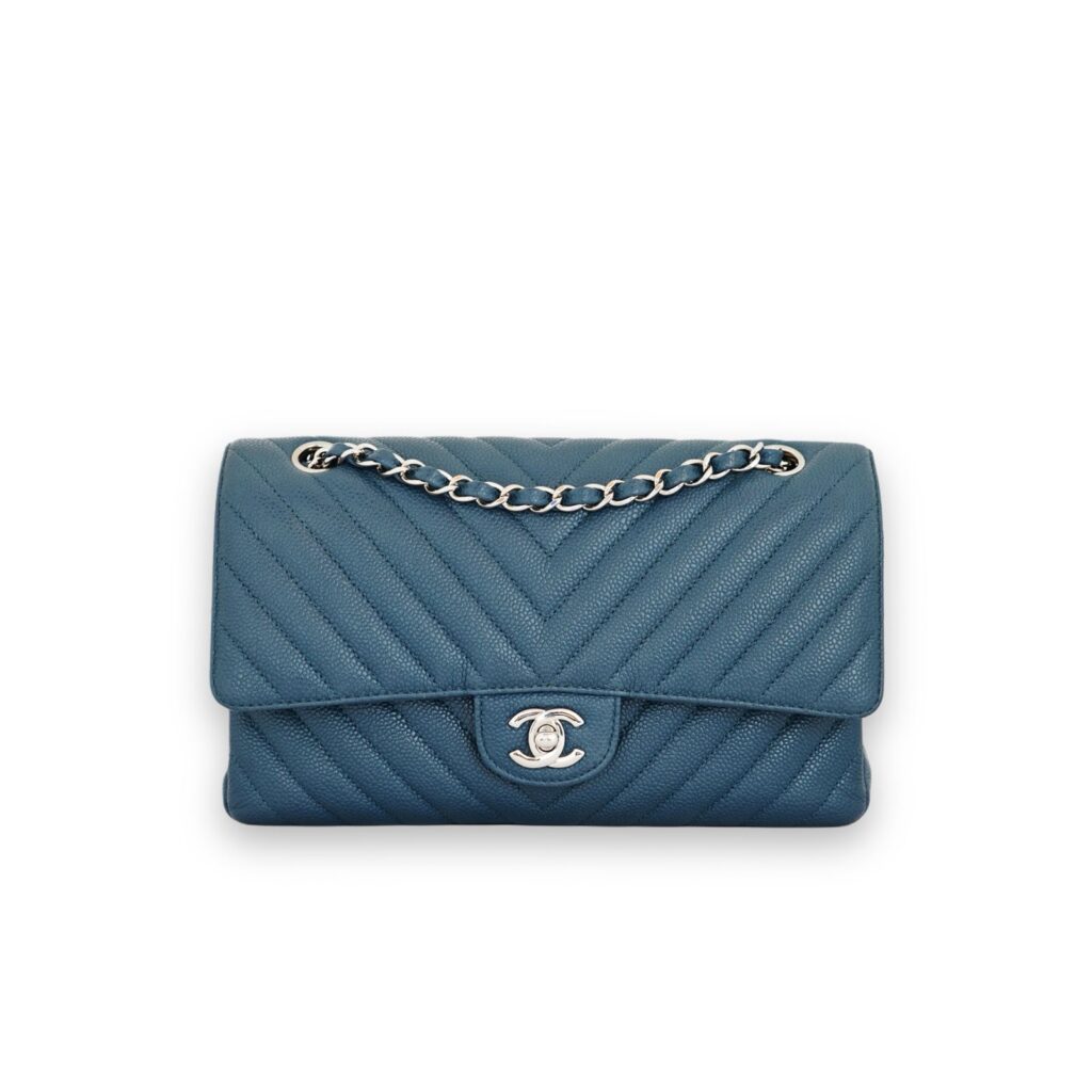 Medium Classic D Flap Caviar Chevron Blue GHW