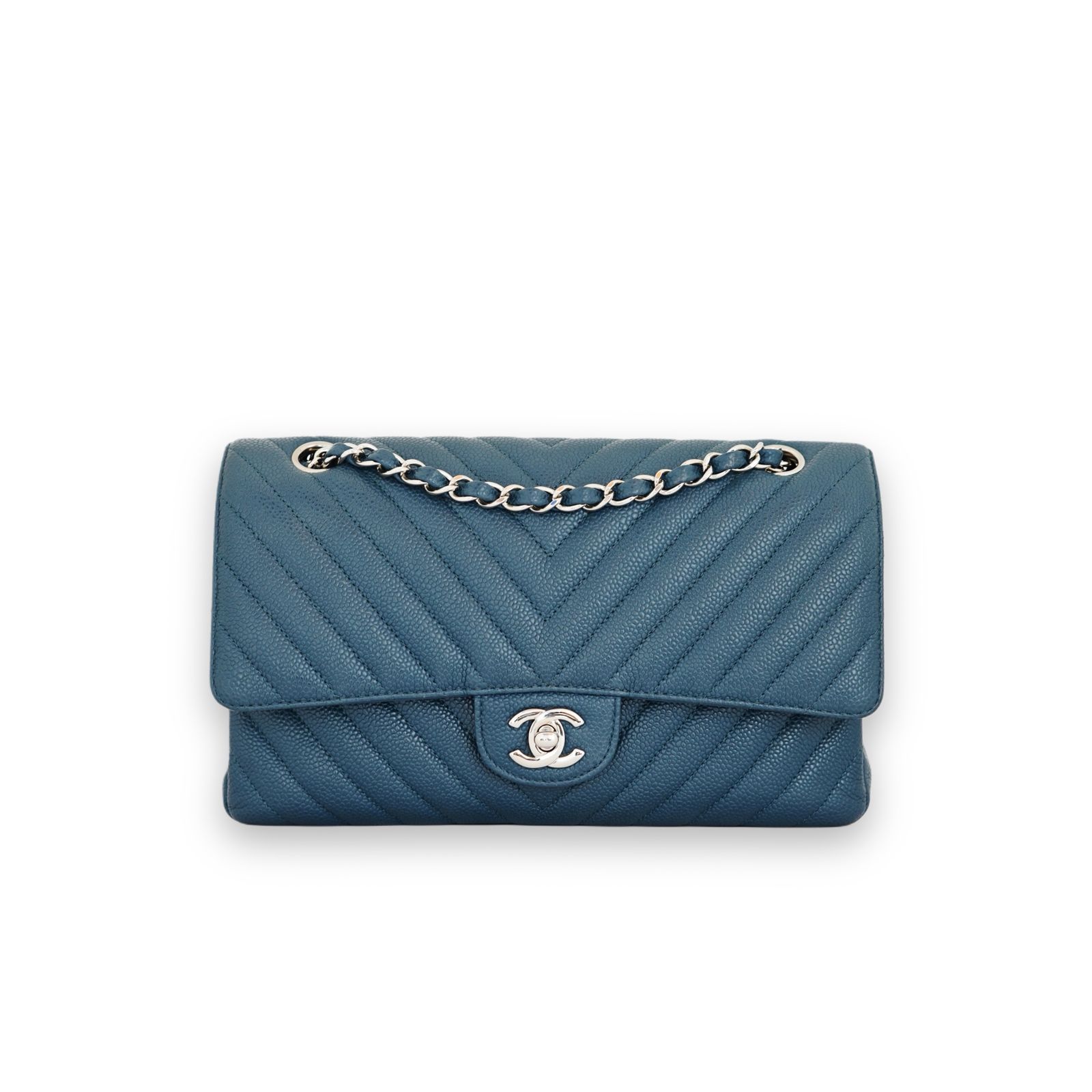 Medium Classic D Flap Caviar Chevron Blue GHW