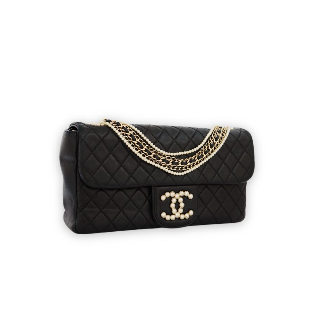 CC Pearl Flap Bag Lambskin Black GHW
