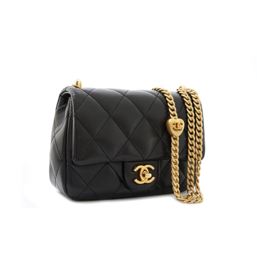 Heart Chain Mini Flap Bag Lambskin Black GHW