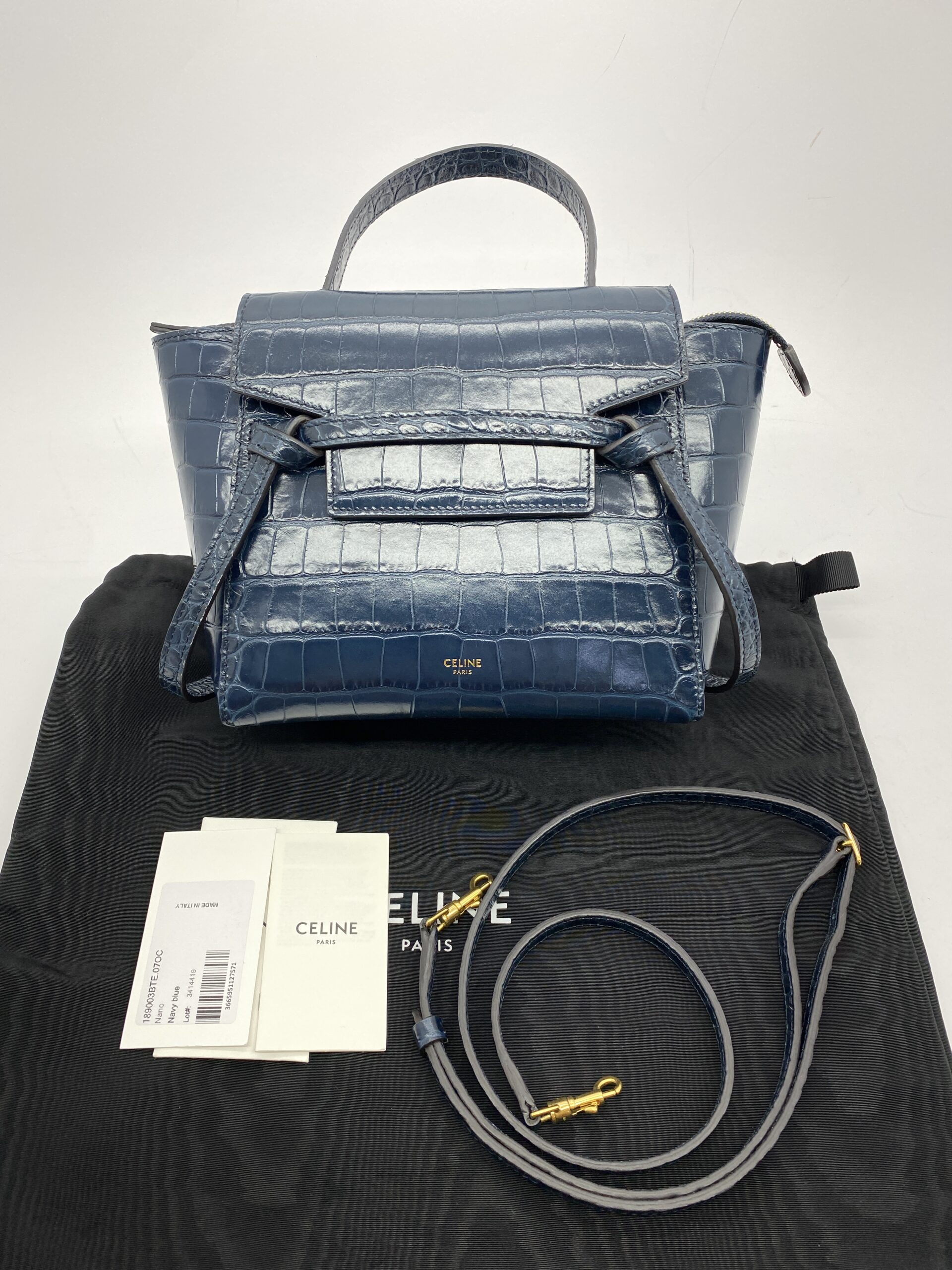 Celine Nano Belt Bag Navy Croco Embossed GHW