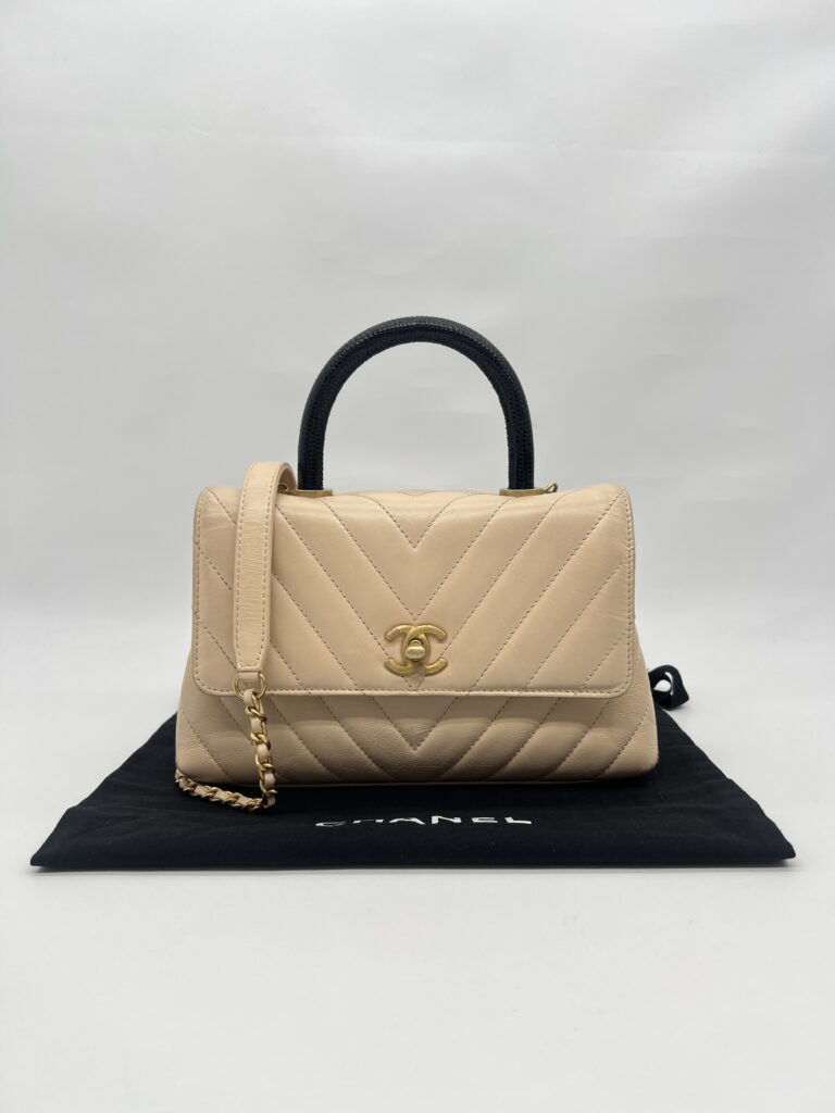 Coco Handle Small Chevron Calfskin Beige Handle Lizard GHW