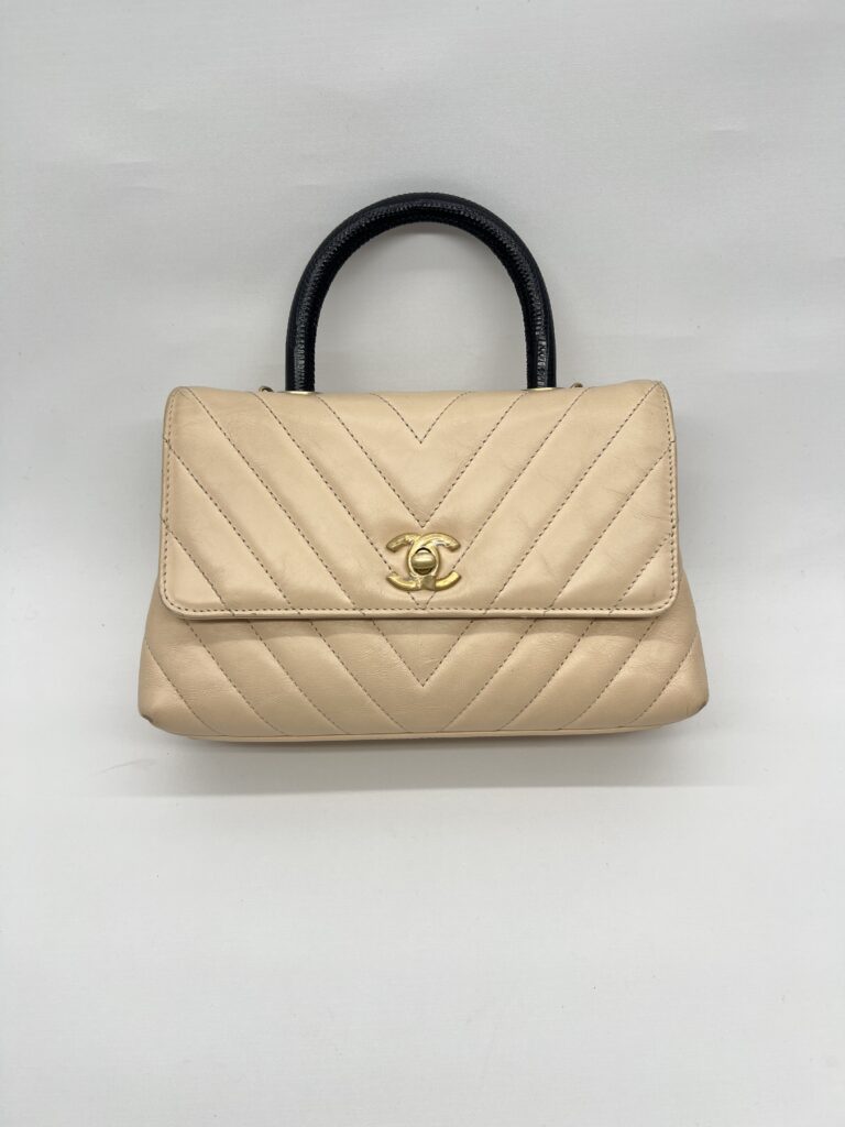 Coco Handle Small Chevron Calfskin Beige Handle Lizard GHW