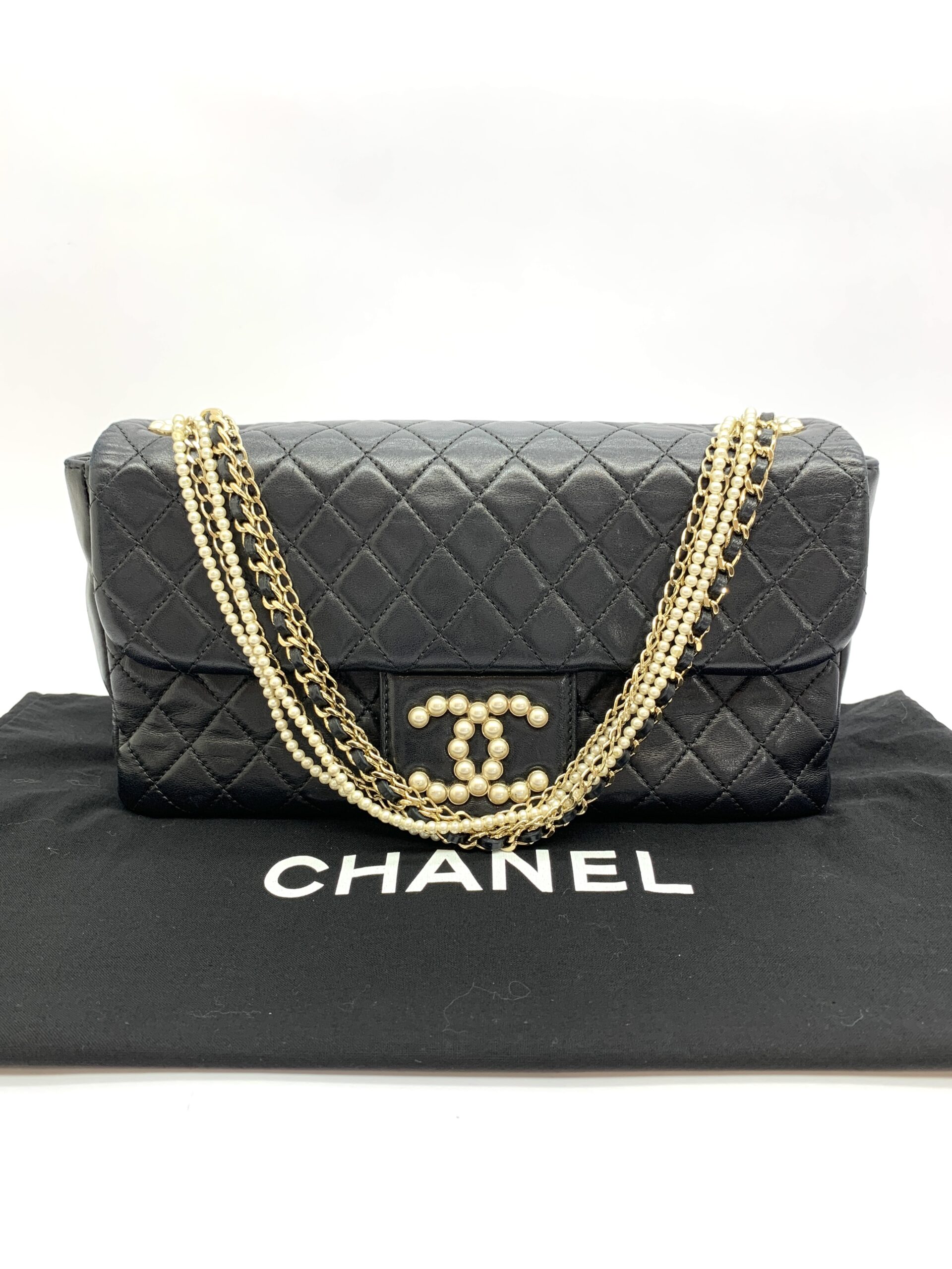 CC Pearl Flap Bag Lambskin Black GHW