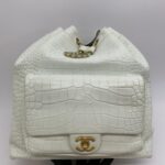 Drawstring Backpack Croco Embossed White Gold Hardware