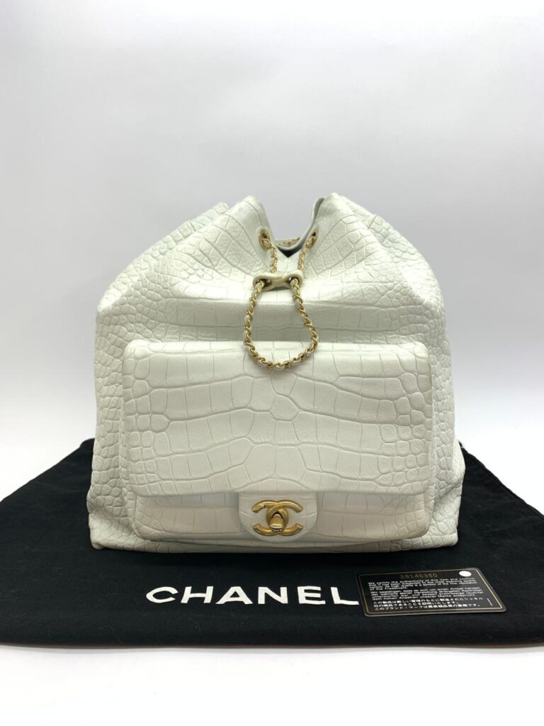 Drawstring Backpack Croco Embossed White Gold Hardware