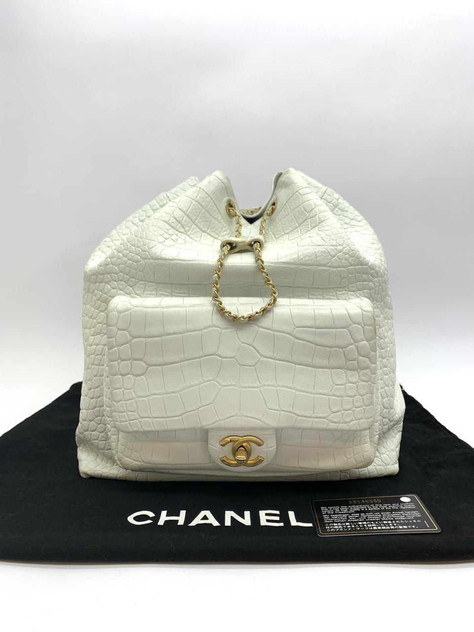 Drawstring Backpack Croco Embossed White Gold Hardware