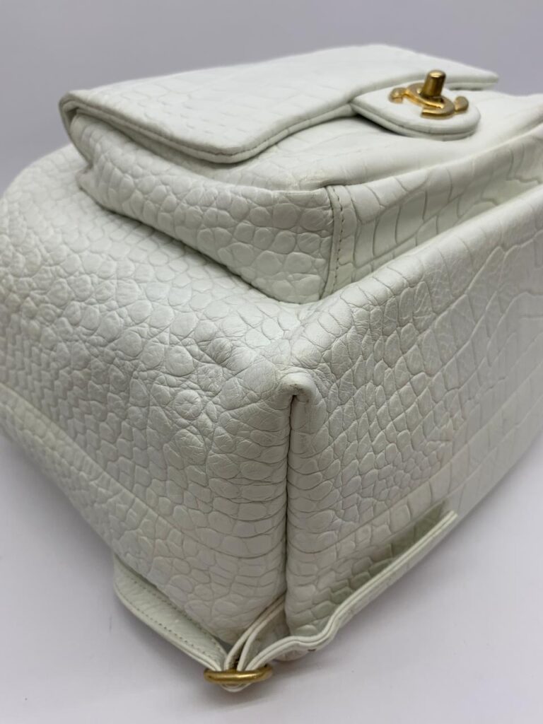 Drawstring Backpack Croco Embossed White Gold Hardware