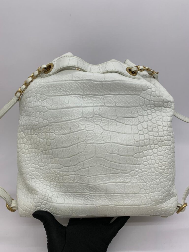 Drawstring Backpack Croco Embossed White Gold Hardware