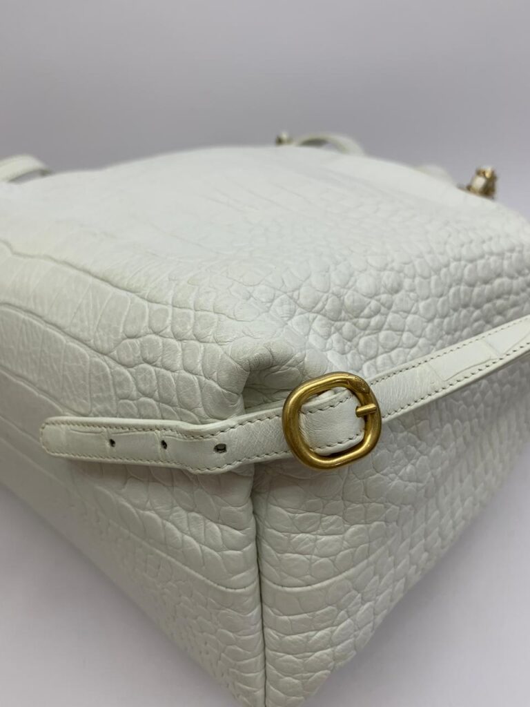 Drawstring Backpack Croco Embossed White Gold Hardware