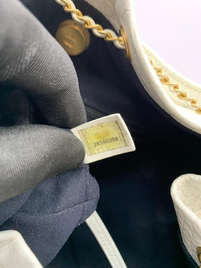 Drawstring Backpack Croco Embossed White Gold Hardware