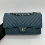 Medium Classic D Flap Caviar Chevron Blue GHW