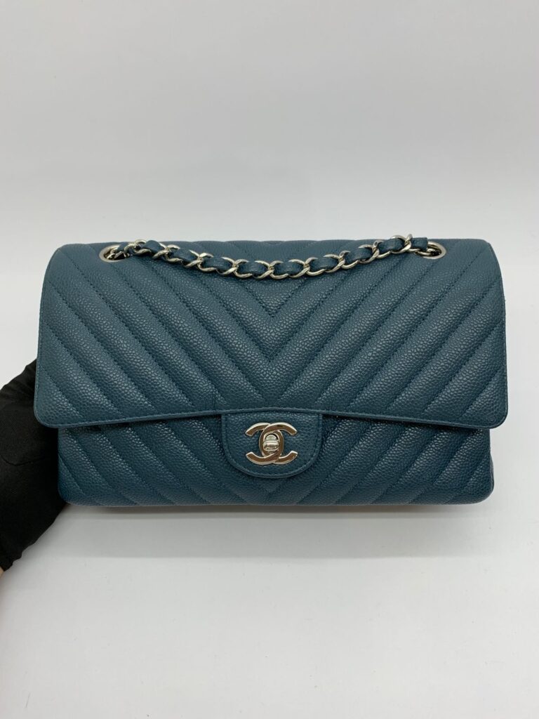 Medium Classic D Flap Caviar Chevron Blue GHW