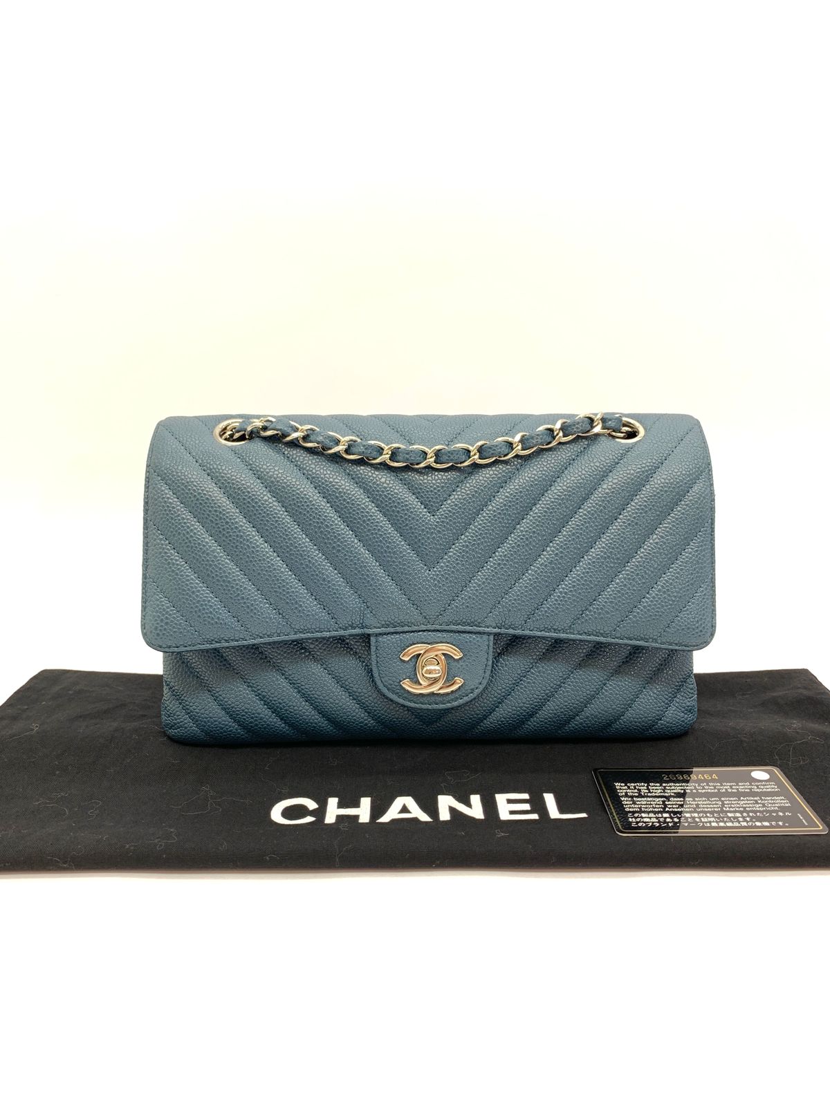 Medium Classic D Flap Caviar Chevron Blue GHW