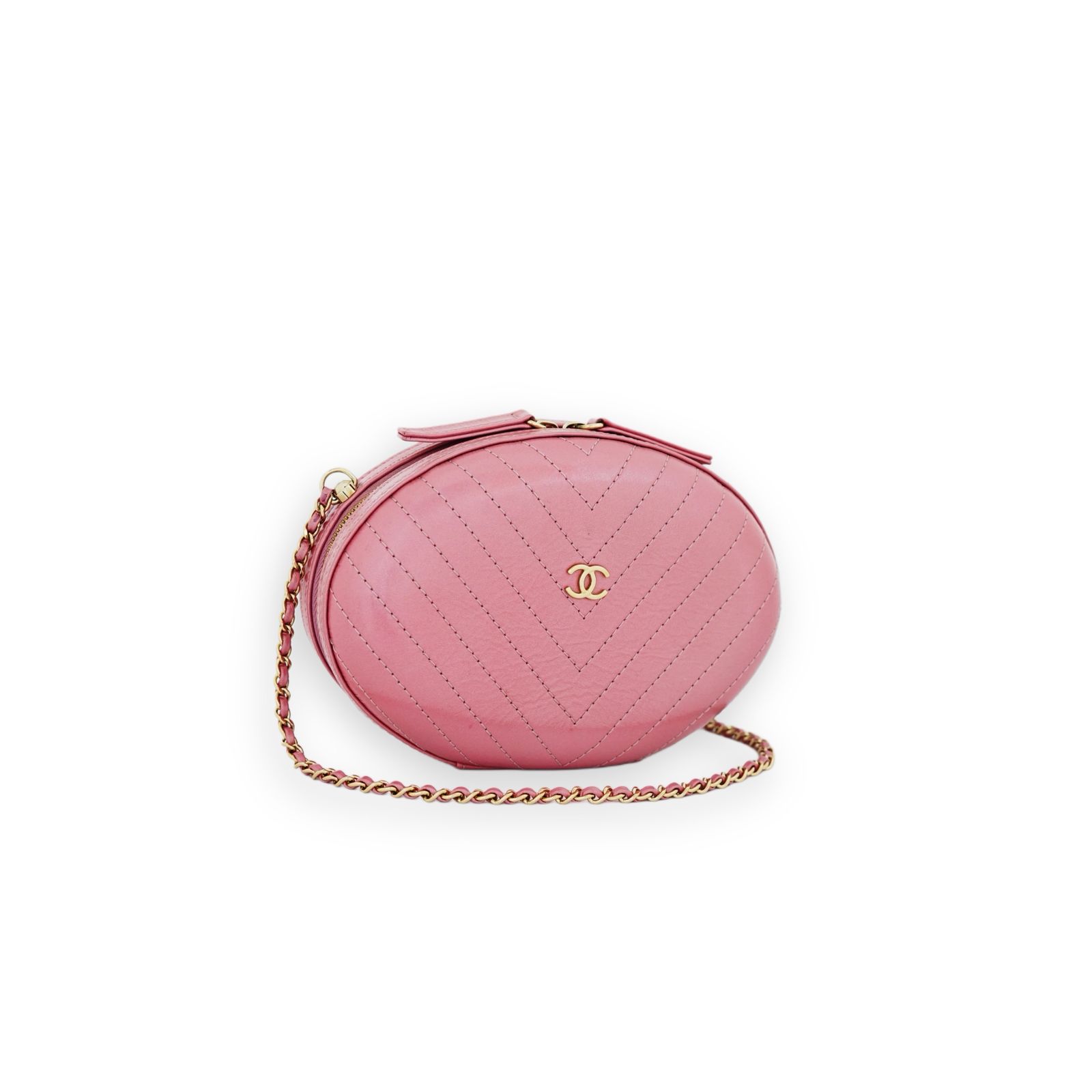Oval Chain Bag Chevron Stitched Pink GHW