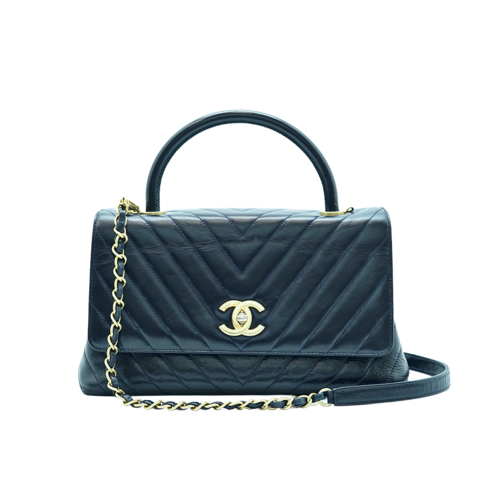 Coco Handle Medium Chevron Navy Gold Hardware