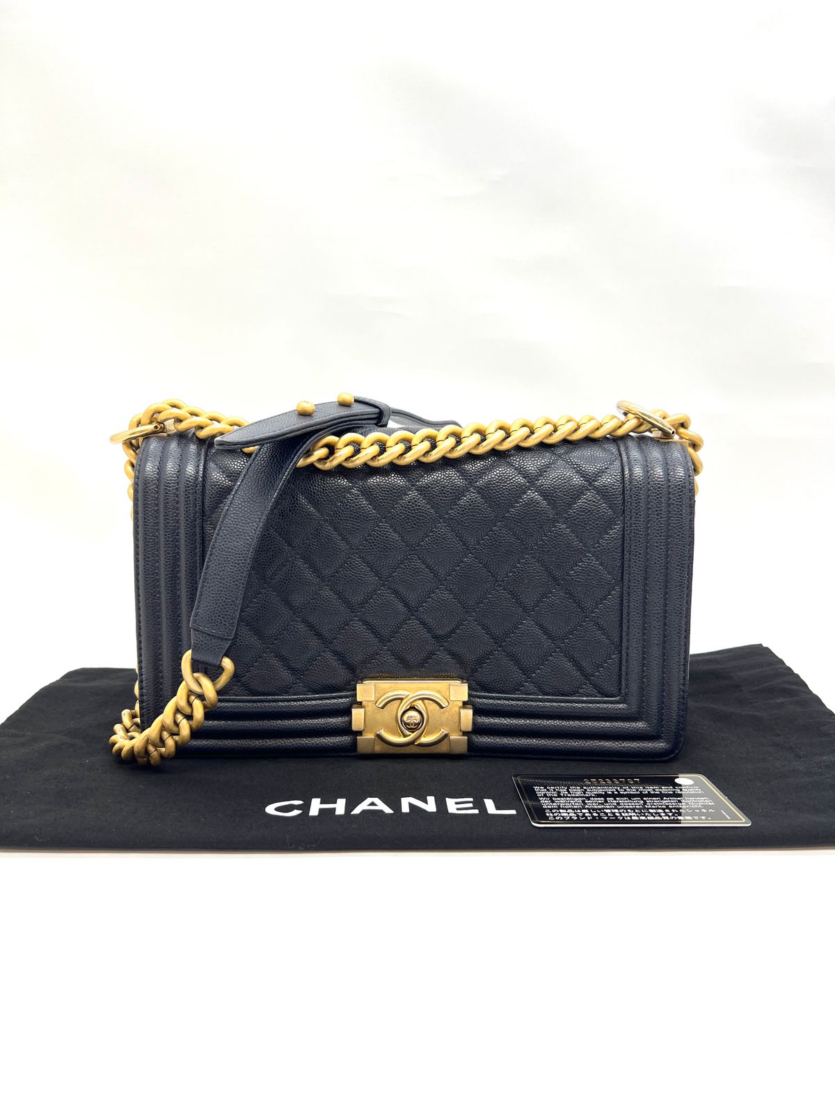 Boy 25 Caviar Navy Gold Hardware