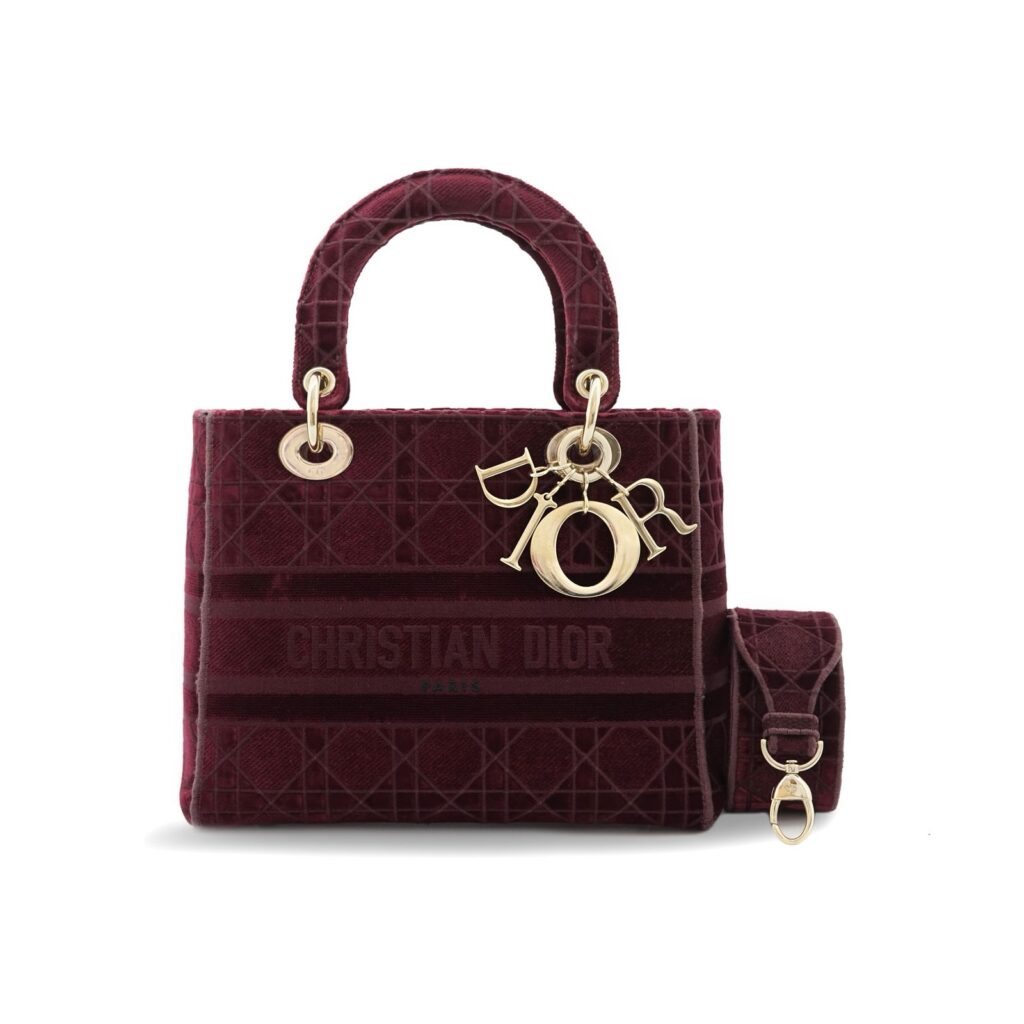 Lady Dior Medium Velvet Dark Maroon GHW