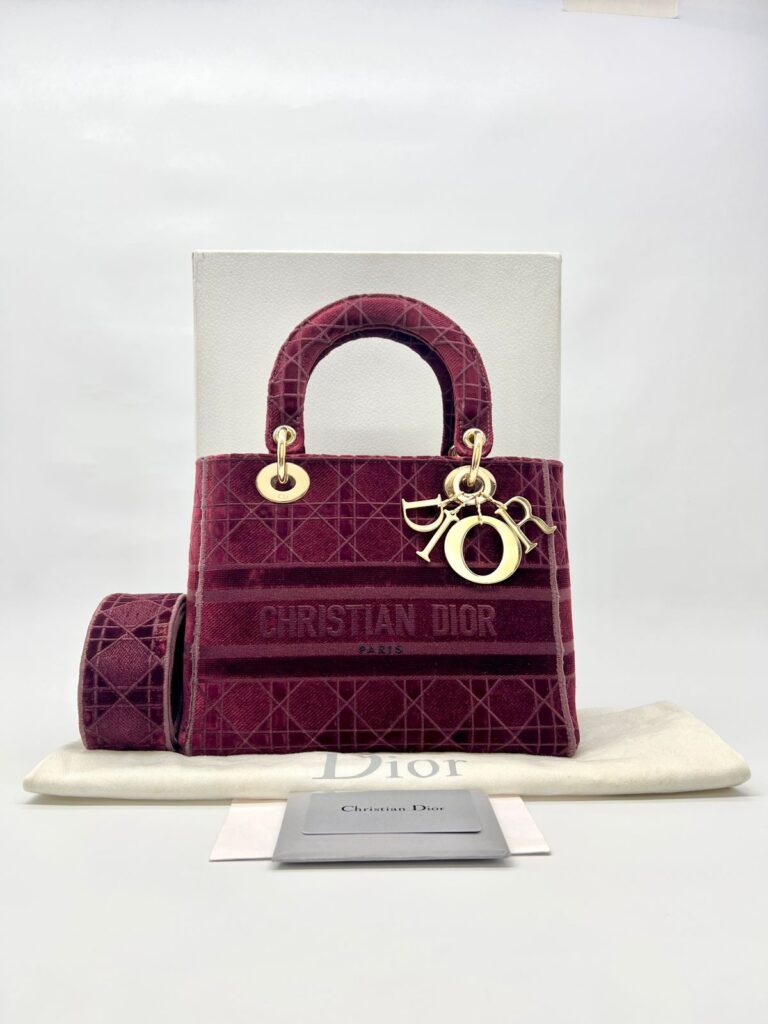 Lady Dior Medium Velvet Dark Maroon GHW