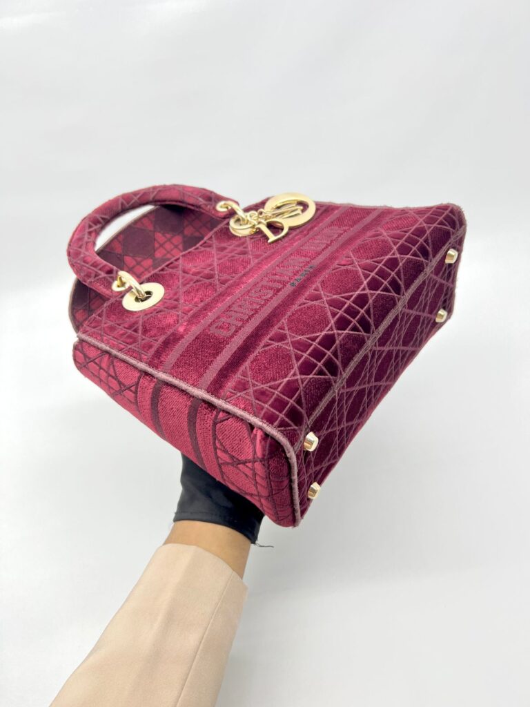 Lady Dior Medium Velvet Dark Maroon GHW