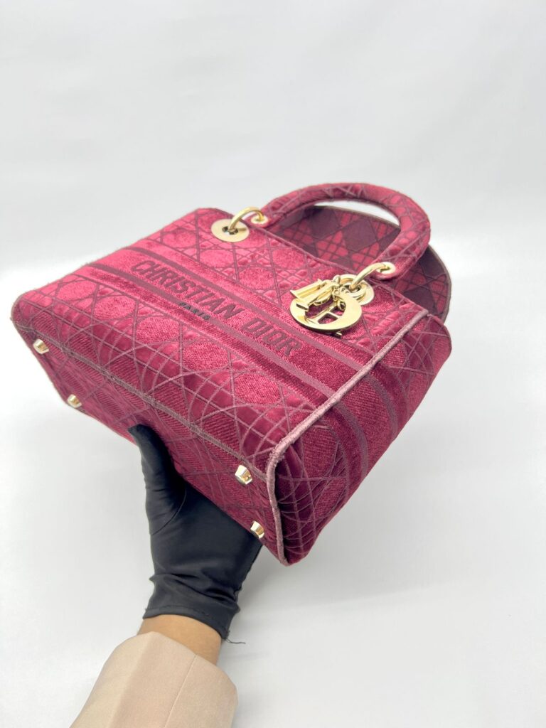 Lady Dior Medium Velvet Dark Maroon GHW