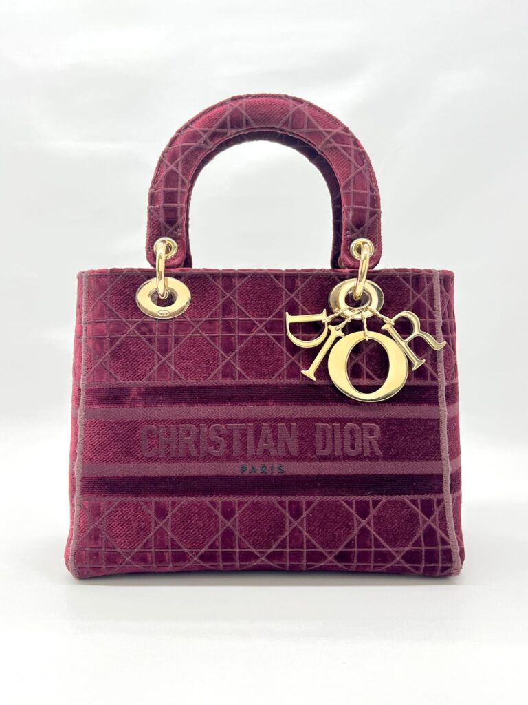 Lady Dior Medium Velvet Dark Maroon GHW