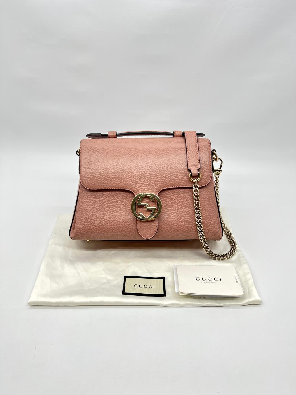 Interlocking GG Top Handle Leather Grained Pink LGHW