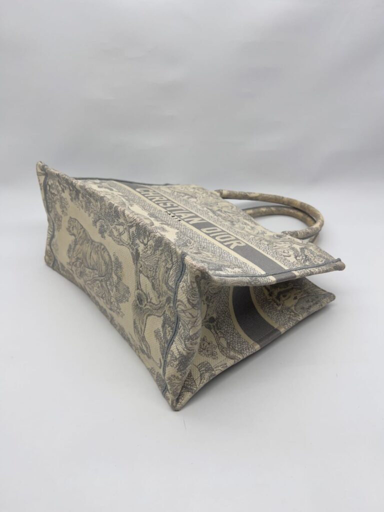 Medium Book Tote Ecru and Gray Toile De Jouy Embroidery