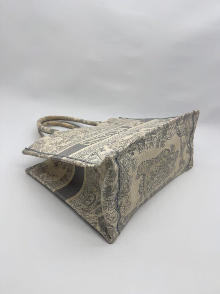 Medium Book Tote Ecru and Gray Toile De Jouy Embroidery