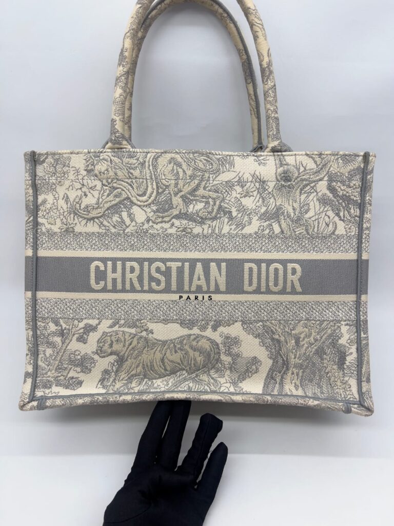 Medium Book Tote Ecru and Gray Toile De Jouy Embroidery