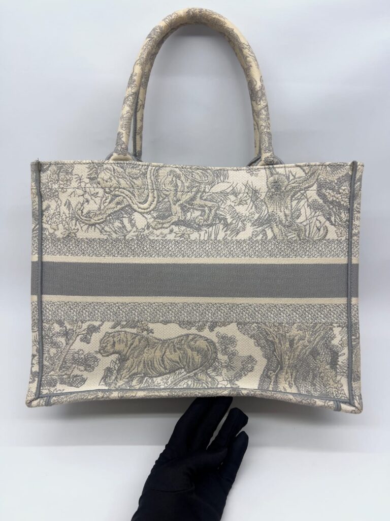 Medium Book Tote Ecru and Gray Toile De Jouy Embroidery