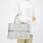 Medium Book Tote Ecru and Gray Toile De Jouy Embroidery