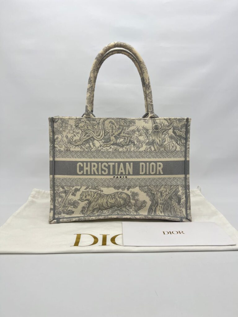 Medium Book Tote Ecru and Gray Toile De Jouy Embroidery