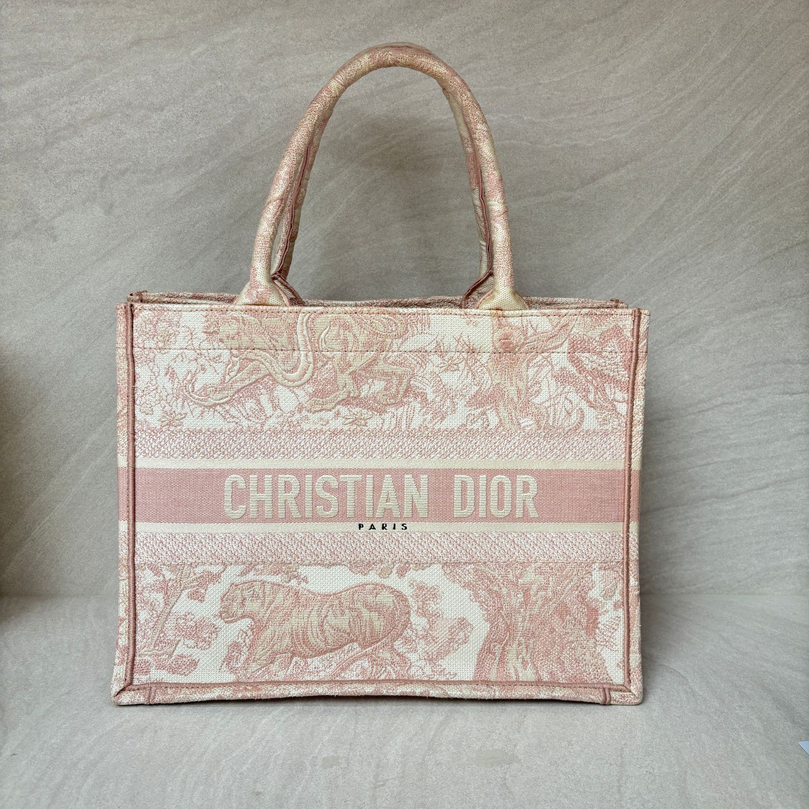 Medium Book Tote Canvas Ecru Pink Toile De Jouy