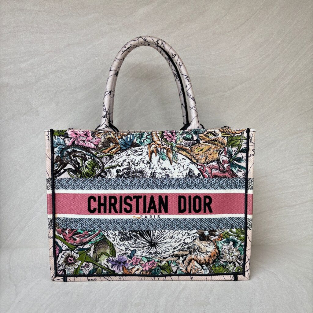 Medium Book Tote Canvas Embroidered Zodiac Pink Multicolor