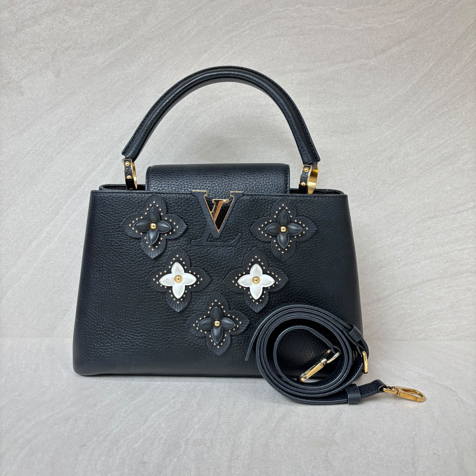 Louis Vuitton Capucines PM Taurillon Flower Noir Blanc GHW