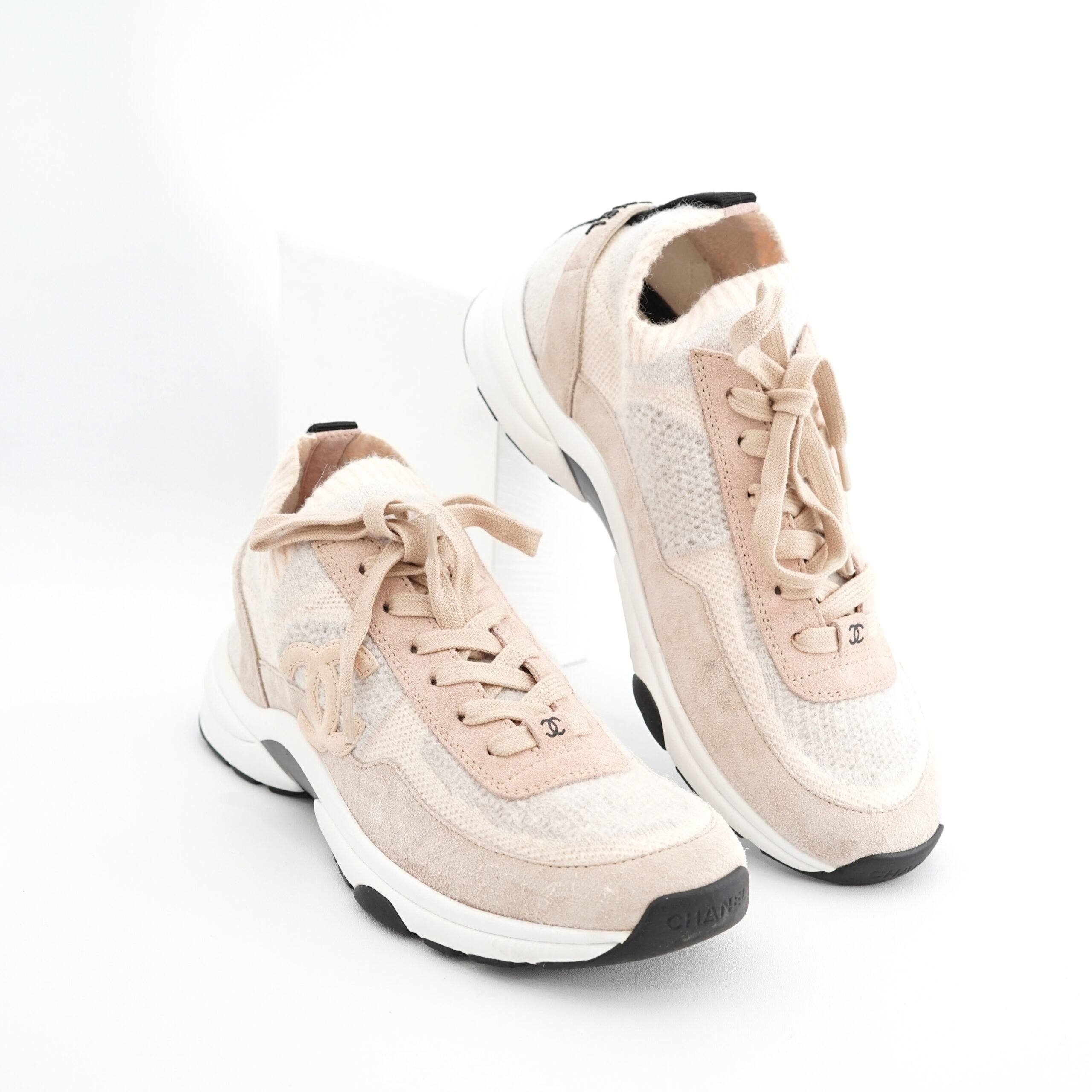 Chanel Sneakers Knit Suede Calfskin Light Pink