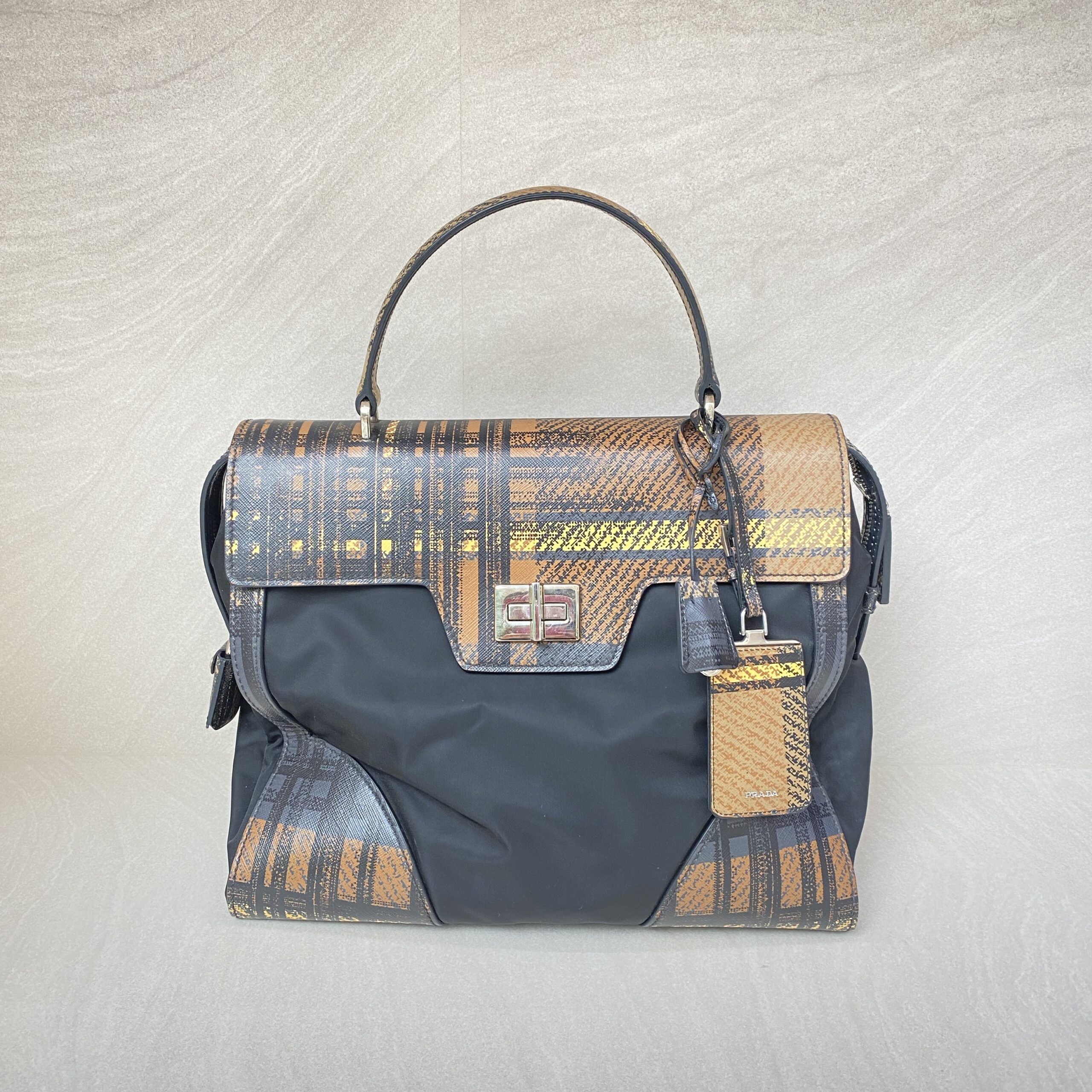Prada Plaid Satchel Nylon Black